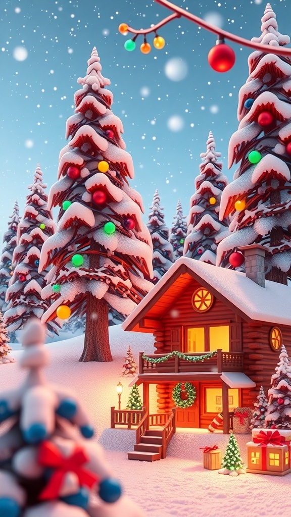 3D Christmas background with snowy landscape, pine trees, cozy cabin, and falling snowflakes.